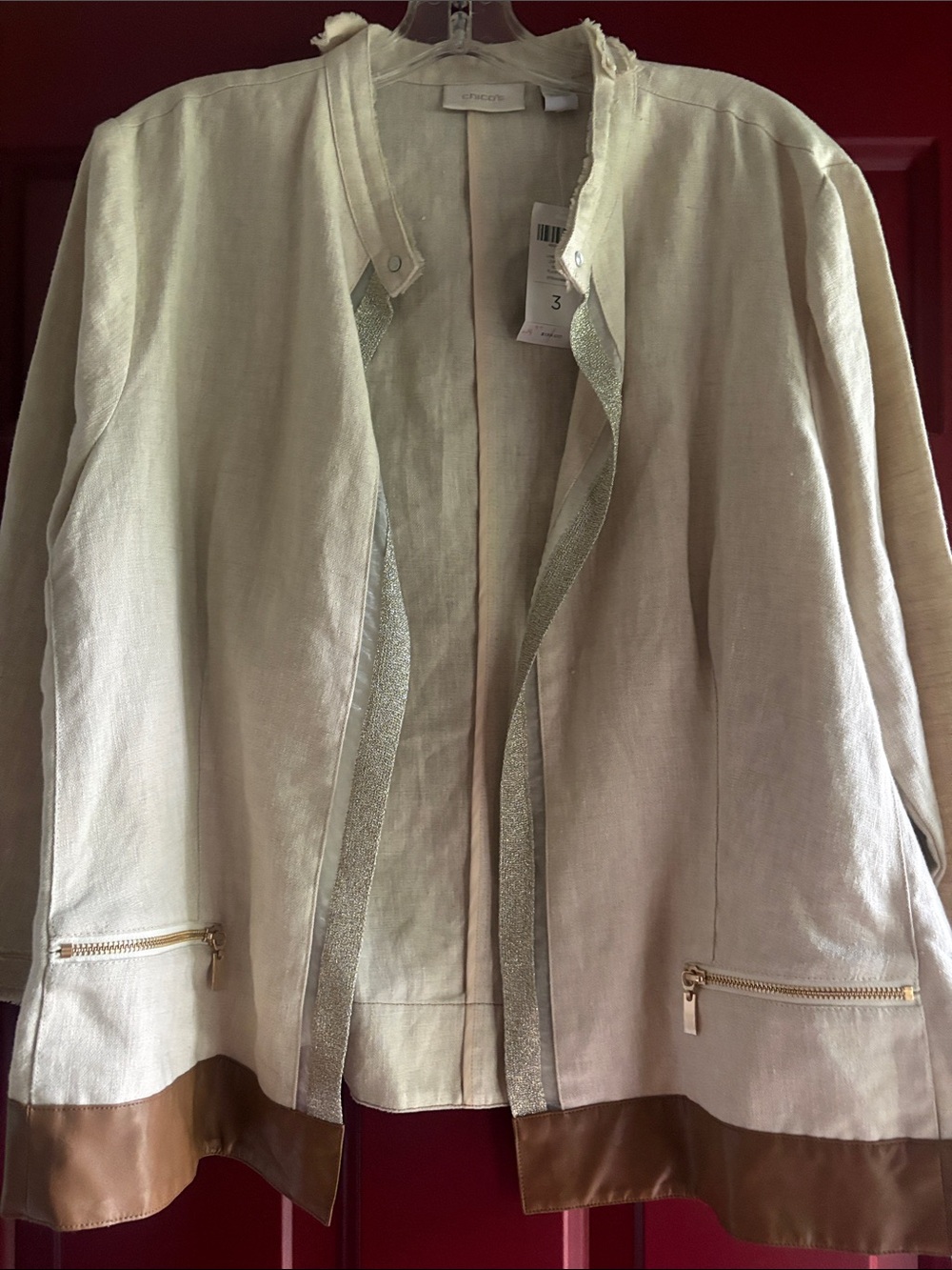 Chico's Cream Cotton Linen-Blend Open Jacket with Brown Leather Trim size 3